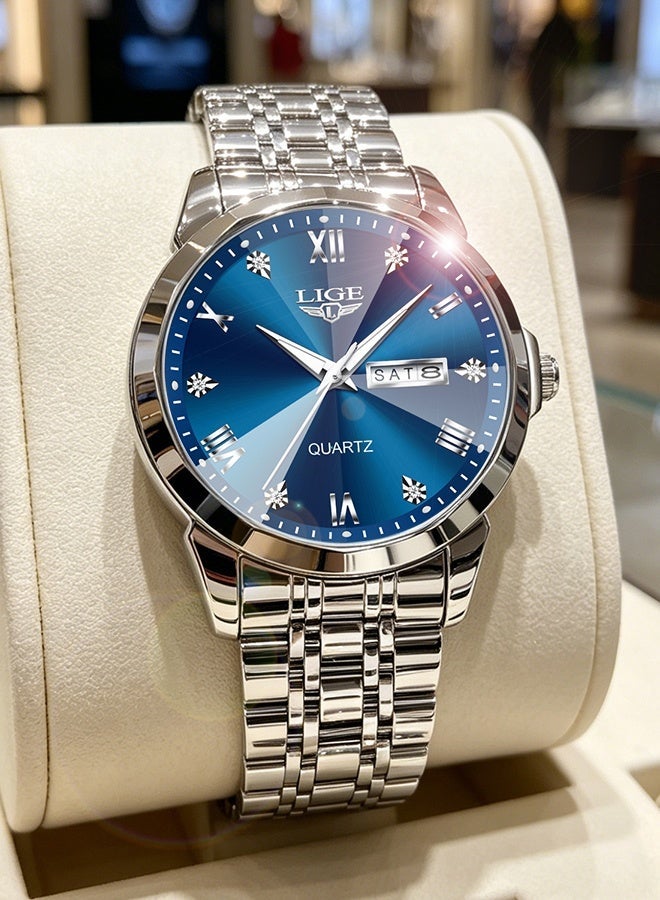 LIGE Original Luxury Watches For Men Branded Fashion Casual Quartz Wristwatches Sports Waterproof Luminous Date Week Display Stainless Steel Strap High Hardness Diamond Cut Glass Mens Watch Gifts Silver Blue - Image 1