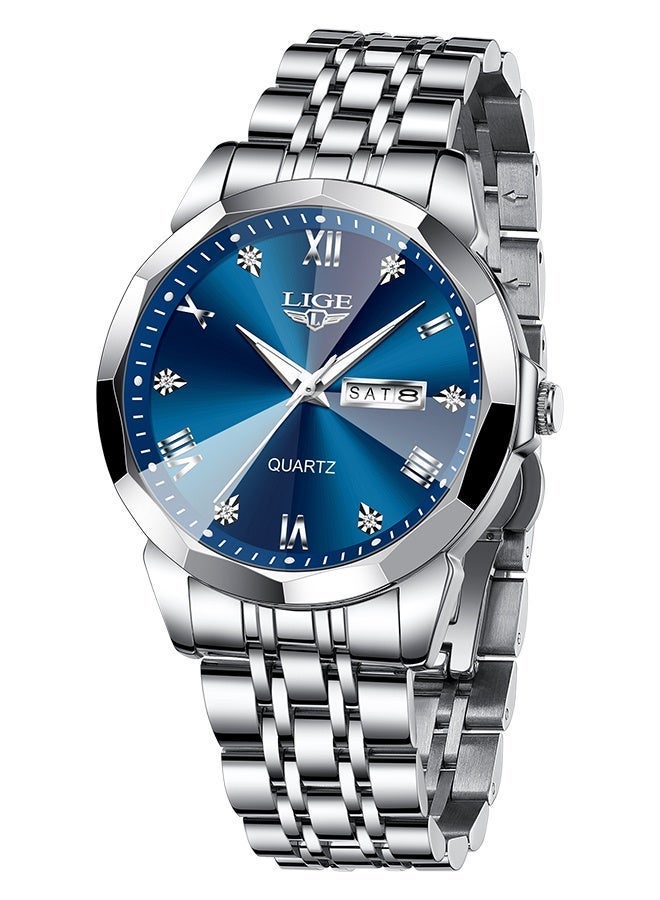 LIGE Original Luxury Watches For Men Branded Fashion Casual Quartz Wristwatches Sports Waterproof Luminous Date Week Display Stainless Steel Strap High Hardness Diamond Cut Glass Mens Watch Gifts Silver Blue - Image 2