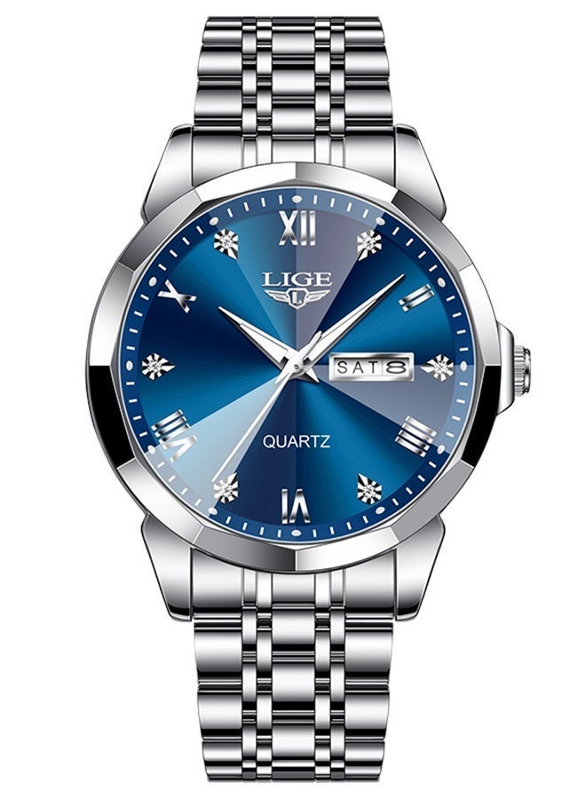 LIGE Original Luxury Watches For Men Branded Fashion Casual Quartz Wristwatches Sports Waterproof Luminous Date Week Display Stainless Steel Strap High Hardness Diamond Cut Glass Mens Watch Gifts Silver Blue - Image 3