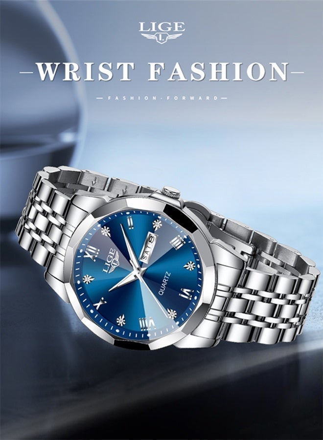 LIGE Original Luxury Watches For Men Branded Fashion Casual Quartz Wristwatches Sports Waterproof Luminous Date Week Display Stainless Steel Strap High Hardness Diamond Cut Glass Mens Watch Gifts Silver Blue - Image 5
