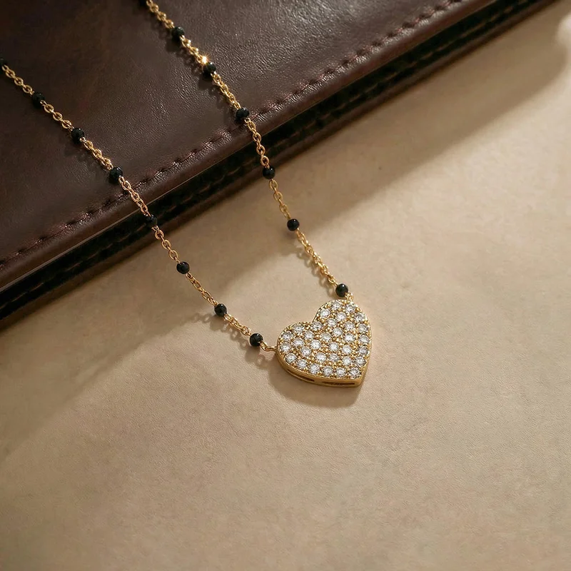 بالموناس PALMONAS Crystal Heart Glow Demifine Mangalsutra Chain Necklace for Women | 18K Gold Plated, Waterproof & Anti-Tarnish