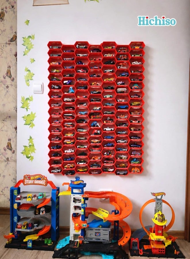 HICHISO Modular 1:64 Scale Die cast Cars Display | Premium Wall Display | Mini Car Showcase for Collectors | Compatible with HOT Wheels, Matchbox, Mini GT (Without Toys) | RED HEX (Value Pack of 6) - Image 2