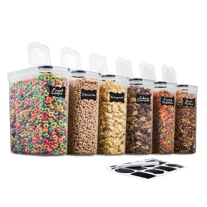 Seseno 6 Pack Airtight Cereal & Dry Food Storage Container - BPA Free Plastic Kitchen and Pantry Organization Canisters for, Flour, Sugar, Rice, Nuts, Snacks, Pet Food & More (135.5 Oz) Labels & Chalk Marker - Image 1