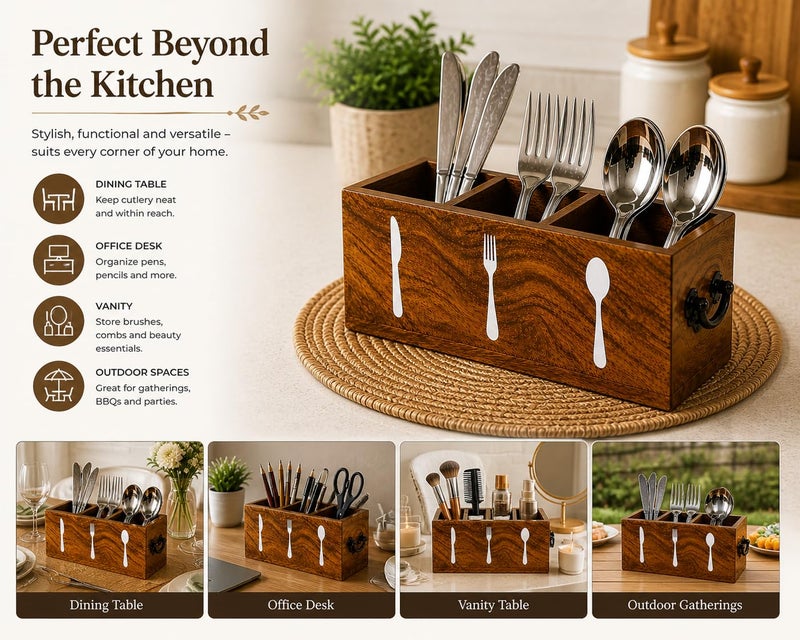 CRAFTYKART Wood Spoon Holder - Kitchen Cutlery Organizor - Spoon Stand for Dining Table- Kitchen Caddy Organizer Rack - Image 4