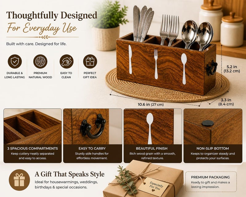 CRAFTYKART Wood Spoon Holder - Kitchen Cutlery Organizor - Spoon Stand for Dining Table- Kitchen Caddy Organizer Rack - Image 3