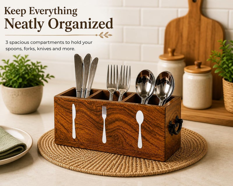 CRAFTYKART Wood Spoon Holder - Kitchen Cutlery Organizor - Spoon Stand for Dining Table- Kitchen Caddy Organizer Rack - Image 2