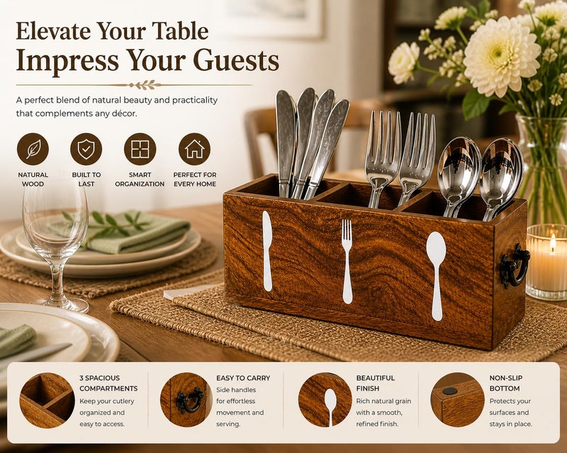 CRAFTYKART Wood Spoon Holder - Kitchen Cutlery Organizor - Spoon Stand for Dining Table- Kitchen Caddy Organizer Rack - Image 5