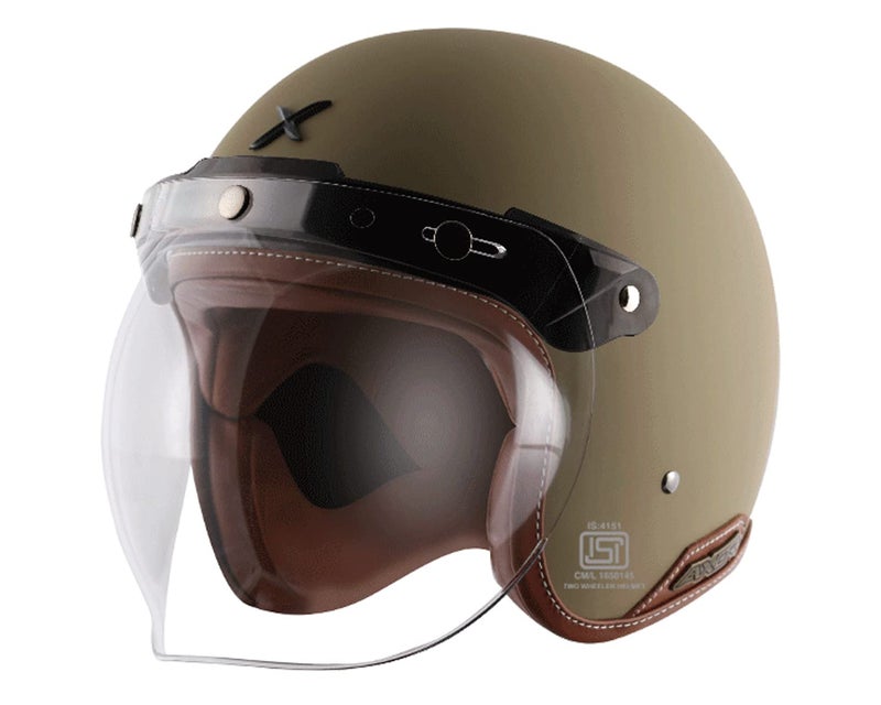 Axor Retro Jet Leather ISI and DOT Certified Matte Finish Open Face Helmet for Men and Women with Clear Visor- Dull Desert Storm -L - Image 1