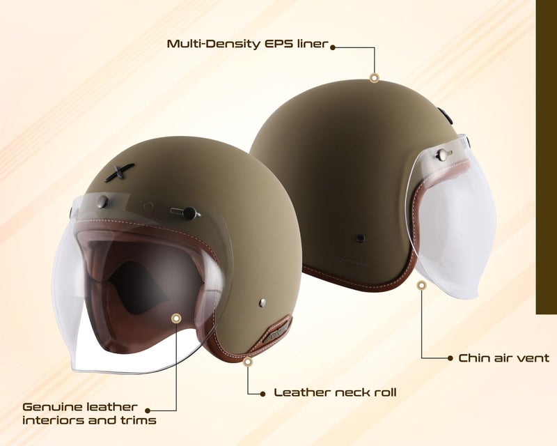 Axor Retro Jet Leather ISI and DOT Certified Matte Finish Open Face Helmet for Men and Women with Clear Visor- Dull Desert Storm -L - Image 5