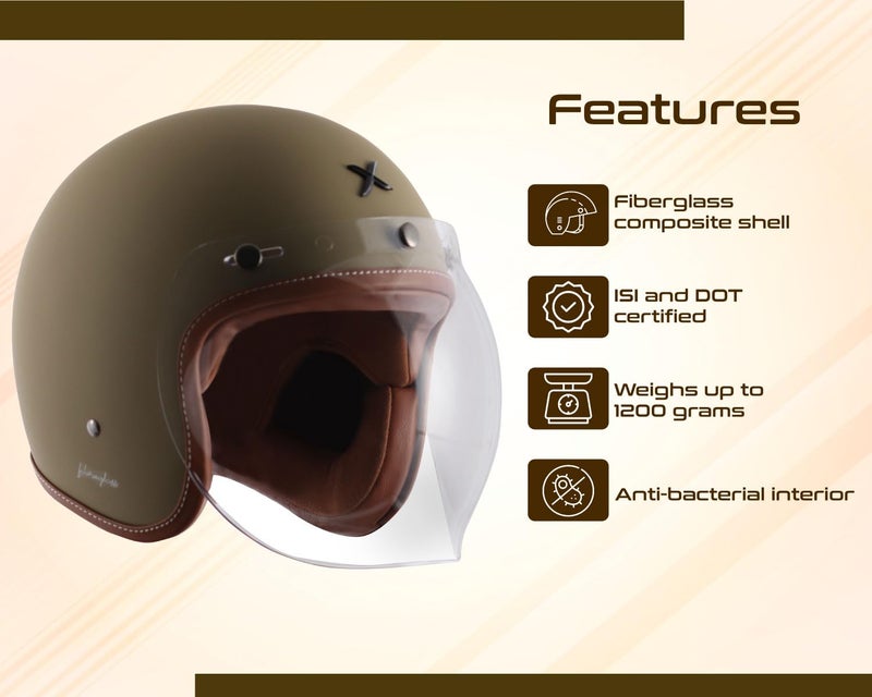 Axor Retro Jet Leather ISI and DOT Certified Matte Finish Open Face Helmet for Men and Women with Clear Visor- Dull Desert Storm -L - Image 4