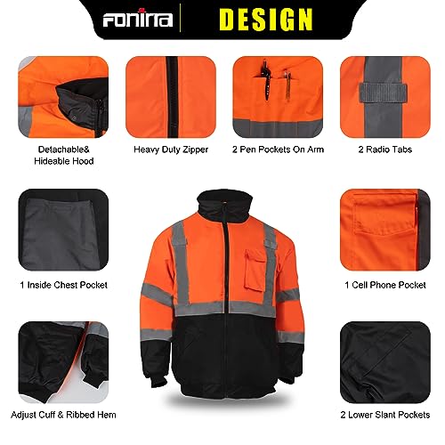 FONIRRA High Visibility Safety Jackets for Men with Fleece Liner,ANSI Class 3 Reflective Waterproof Bomber Jacket(Orange,S) - Image 3