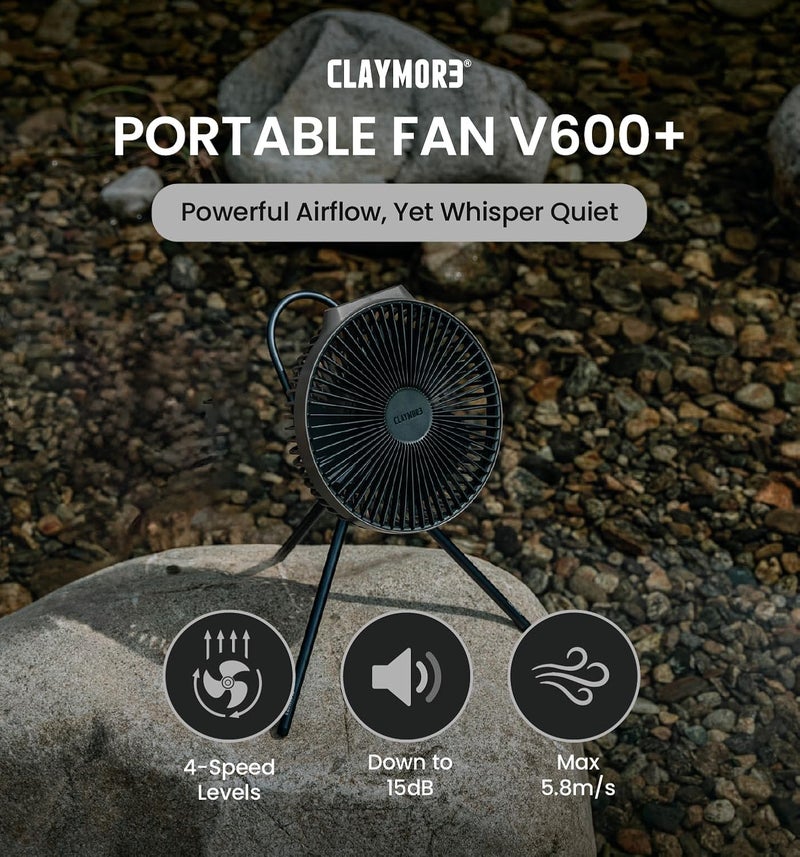 Claymore V600+ Warm Gray Rechargeable Portable Fan – 7,800mAh Battery, 4-Speed BLDC Ultra-Quiet Air Circulator USB-C Charging 32 Hrs Runtime Tripod Mountable Adjustable for Camping, Indoor, Outdoor - Image 2