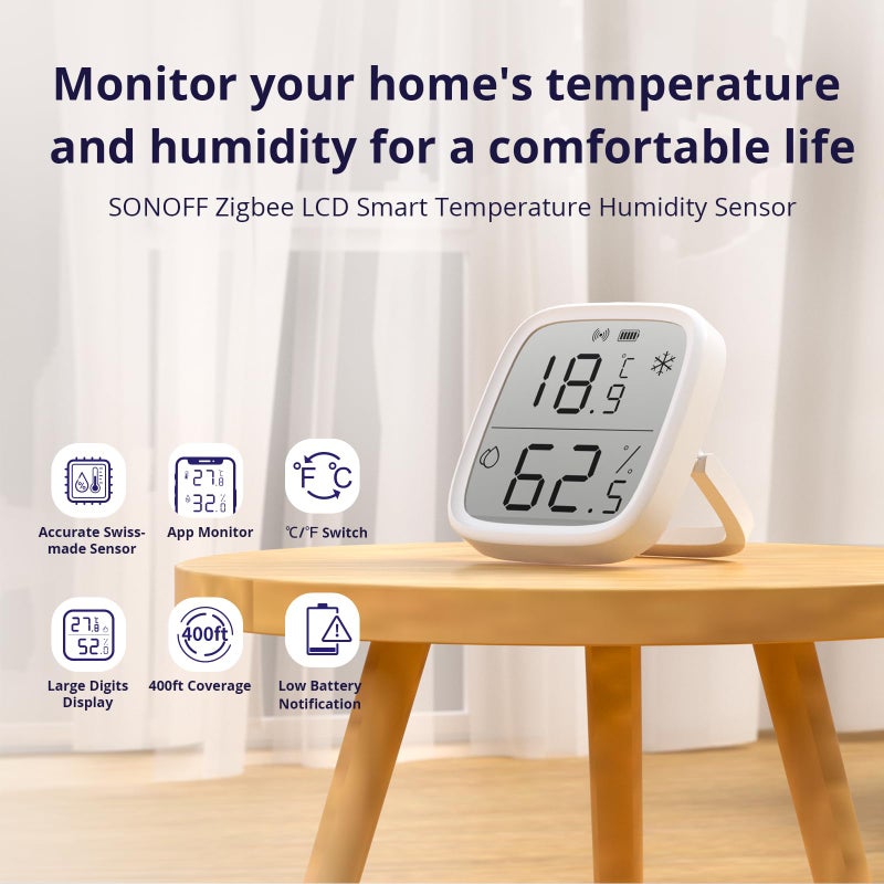 SONOFF Zigbee Indoor Temperature Humidity Sensor, SNZB-02D LCD Zigbee Thermometer Hygrometer, Works with Alexa & Google Home for Remote Monitoring and Home Automation, ZigBee 3.0 Hub Required, 1-Pack - Image 2