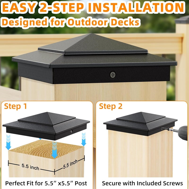 toscoco 6-Pack Aluminium Pyramid Post Caps for 6" x 6" (Actual 5.5" x 5.5") Wood Post Cedar Fence Deck Corridors Mailbox Posts End, Waterproof Fence Post Cap Cover with Screws, Black - Image 5