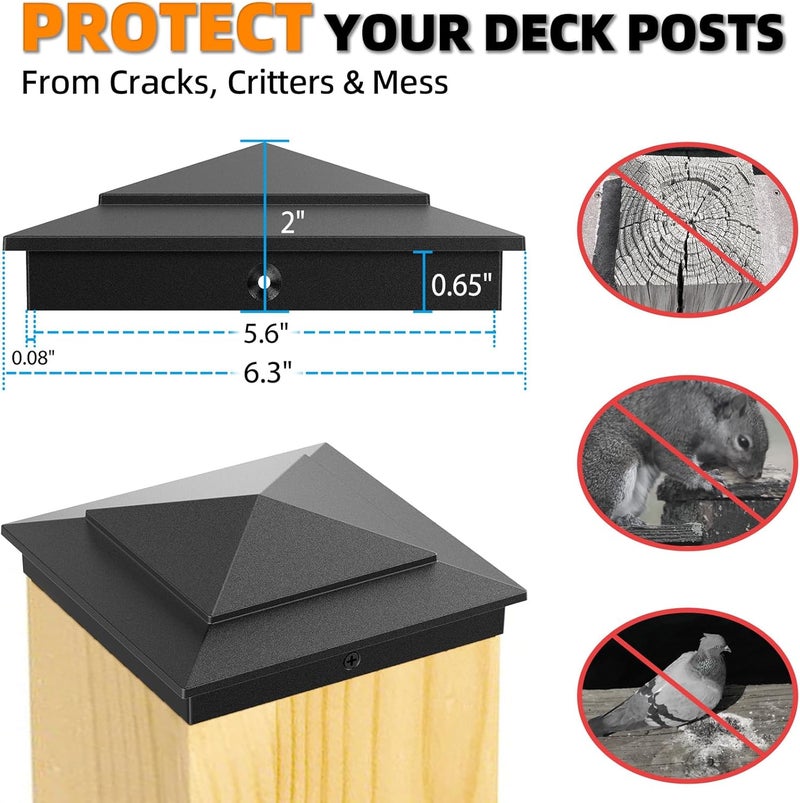 toscoco 6-Pack Aluminium Pyramid Post Caps for 6" x 6" (Actual 5.5" x 5.5") Wood Post Cedar Fence Deck Corridors Mailbox Posts End, Waterproof Fence Post Cap Cover with Screws, Black - Image 2