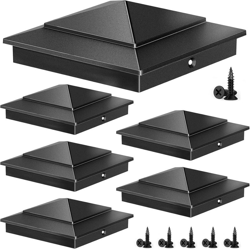 toscoco 6-Pack Aluminium Pyramid Post Caps for 6" x 6" (Actual 5.5" x 5.5") Wood Post Cedar Fence Deck Corridors Mailbox Posts End, Waterproof Fence Post Cap Cover with Screws, Black - Image 1