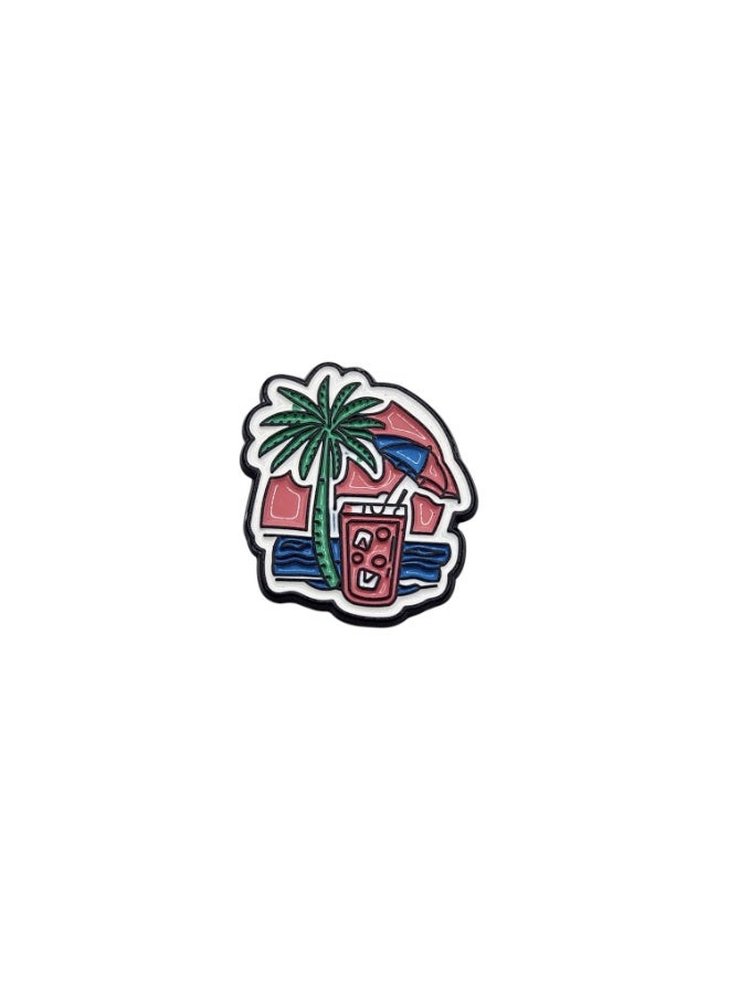 Kipfy Beach Scene Metal Sticker with Palm Tree & Drink Design  for Phones & Laptops - Image 1