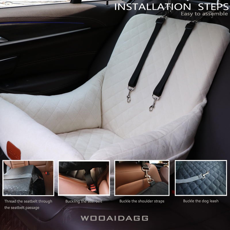 WOOAIDAGG Dog Car Seat for Small Dogs,Ultra-Soft Fabric,2 Storage Pockets & Safety Leash,Adjustable Straps,Easy to Install,Fully Detachable and Washable(Beige) - Image 5