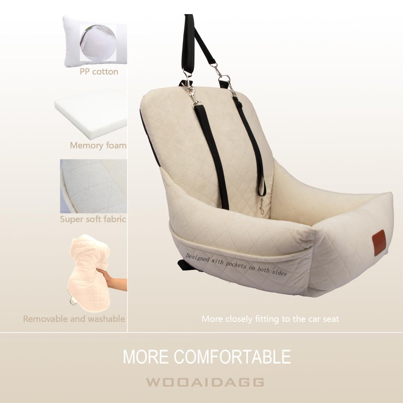 WOOAIDAGG Dog Car Seat for Small Dogs,Ultra-Soft Fabric,2 Storage Pockets & Safety Leash,Adjustable Straps,Easy to Install,Fully Detachable and Washable(Beige) - Image 3