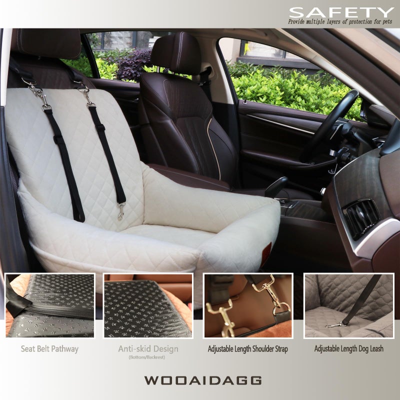 WOOAIDAGG Dog Car Seat for Small Dogs,Ultra-Soft Fabric,2 Storage Pockets & Safety Leash,Adjustable Straps,Easy to Install,Fully Detachable and Washable(Beige) - Image 4
