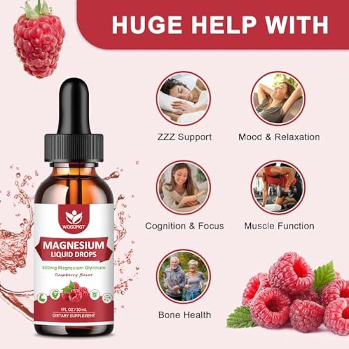 WOGORGT (2 Pack) Magnesium Glycinate Liquid Drops with Citrate & Taurate - High Absorption 1000mg Liquid Magnesium Complex with D3, GABA, L-theanine for Cognition, Muscle & Focus, Raspberry Flavor - 30mL - Image 3