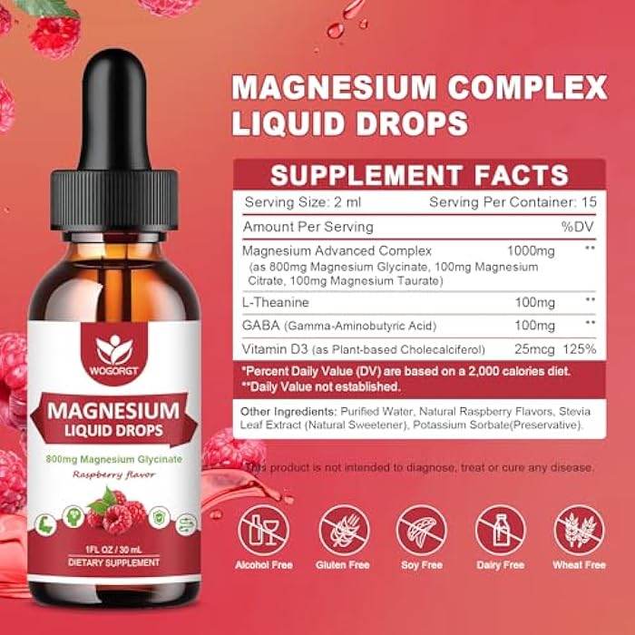 WOGORGT (2 Pack) Magnesium Glycinate Liquid Drops with Citrate & Taurate - High Absorption 1000mg Liquid Magnesium Complex with D3, GABA, L-theanine for Cognition, Muscle & Focus, Raspberry Flavor - 30mL - Image 2