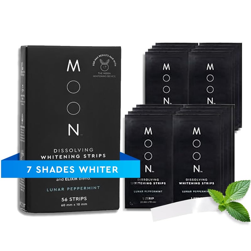 MOON Dissolving Teeth Whitening Strips - Vegan, Easy-to-Use, No Rinse White Strips - Hydrogen Peroxide and Essential Oils Infused Gentle Teeth Whitening Kit - Travel Essentials for Oral Care (56 Ct) - Image 1