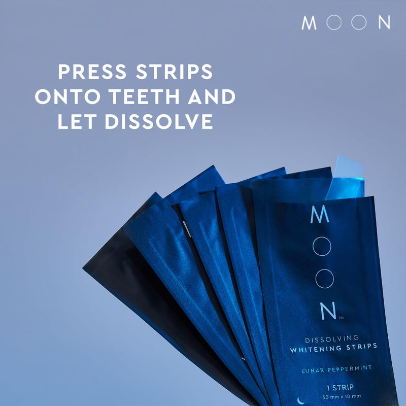 MOON Dissolving Teeth Whitening Strips - Vegan, Easy-to-Use, No Rinse White Strips - Hydrogen Peroxide and Essential Oils Infused Gentle Teeth Whitening Kit - Travel Essentials for Oral Care (56 Ct) - Image 4
