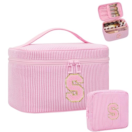 MONSTINA Initial Makeup Bags for WomenCosmetic Bag for Travel Toiletry Birthday Gifts for 11 12 13 14 15 16 17 18 Years Old Girls Graduation Teen Girl Gifts Trendy Stuff Teacher GiftPink S - Image 1