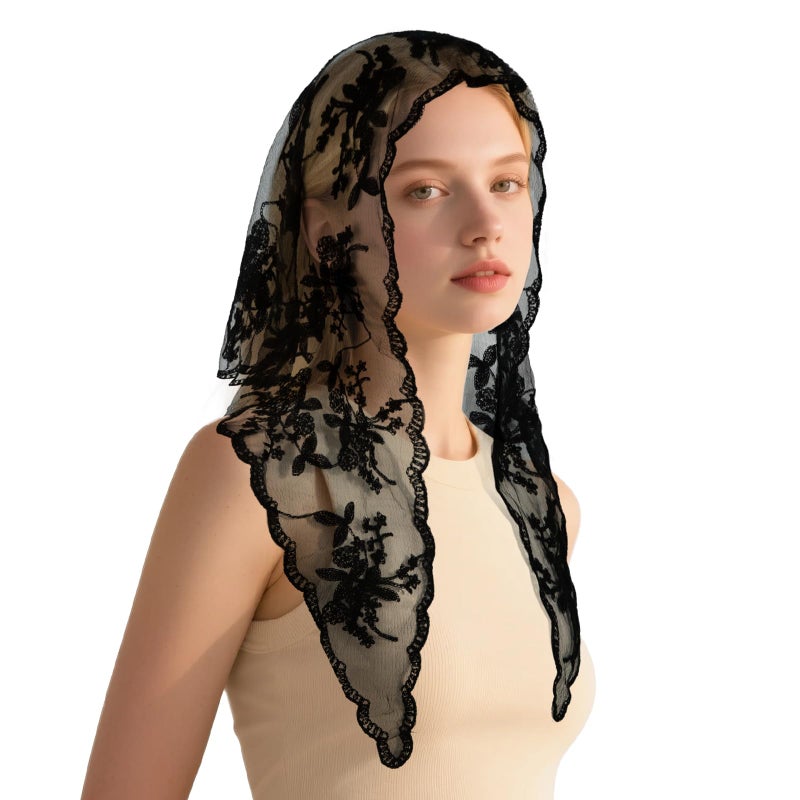 DOCILA Black Veil Triangle Lace Embroidered Floral Mantilla Veil Mass Women Church Prayer Funeral Wedding Mourning Head Covering Scarf - Image 1
