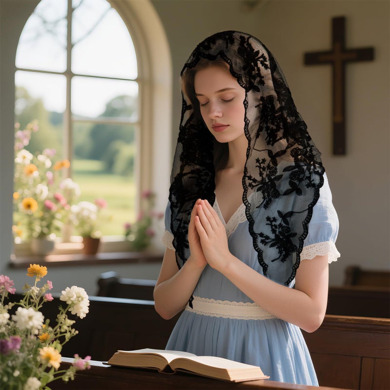 DOCILA Black Veil Triangle Lace Embroidered Floral Mantilla Veil Mass Women Church Prayer Funeral Wedding Mourning Head Covering Scarf - Image 3