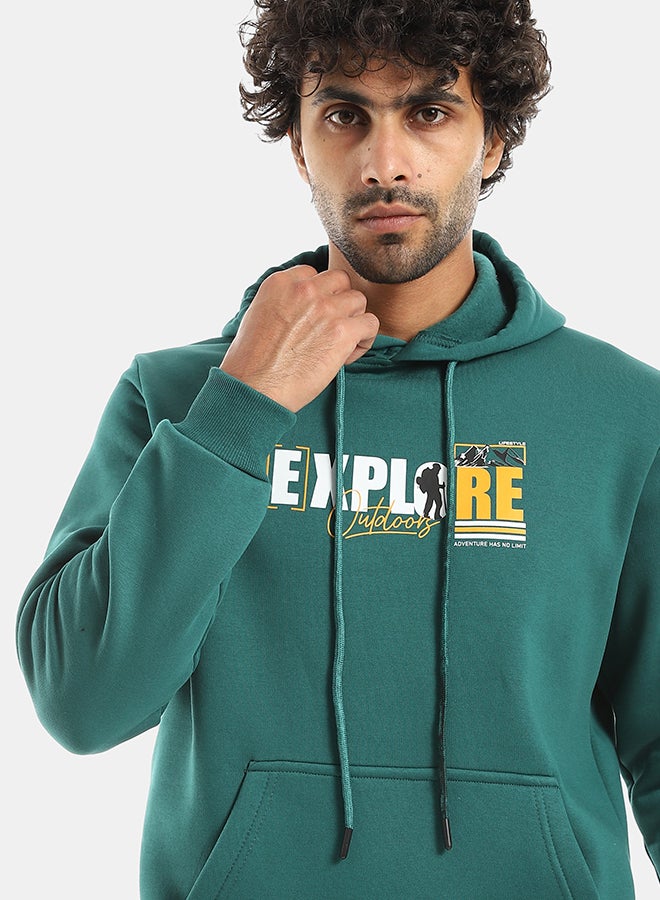 Andora Printed Hooded With Drawstringd Dark Green Sweatshirt-Dark Green - Image 4