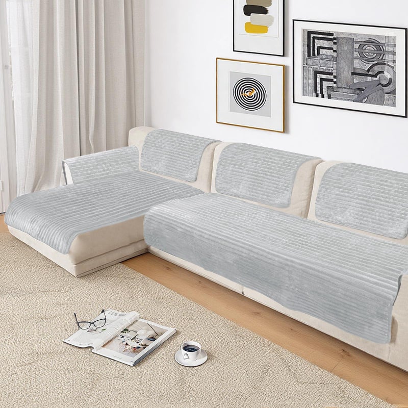 NAISI Couch Covers for Dogs Waterproof Flannel Striped Sofa Cover Pet Friendly Washable Dog Mat for Couch Anti Slip Sectional Sofa Slipcover Protector(2pcs/35"x63"+35"x70",Light Grey) - Image 4