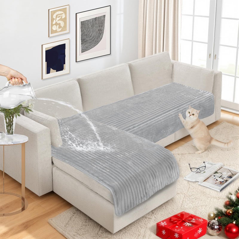 NAISI Couch Covers for Dogs Waterproof Flannel Striped Sofa Cover Pet Friendly Washable Dog Mat for Couch Anti Slip Sectional Sofa Slipcover Protector(2pcs/35"x63"+35"x70",Light Grey) - Image 1