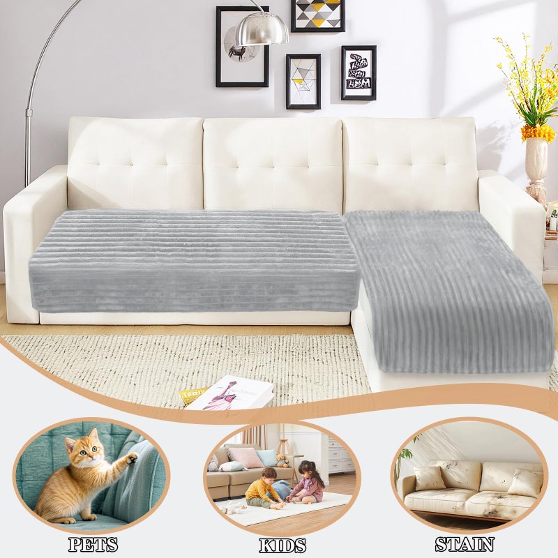 NAISI Couch Covers for Dogs Waterproof Flannel Striped Sofa Cover Pet Friendly Washable Dog Mat for Couch Anti Slip Sectional Sofa Slipcover Protector(2pcs/35"x63"+35"x70",Light Grey) - Image 2