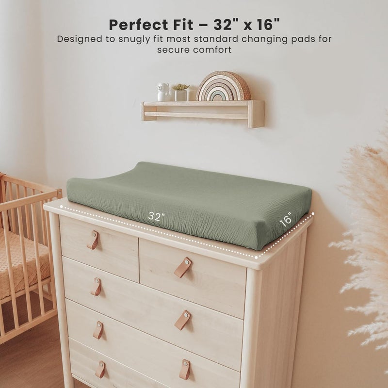 Konssy 2 Pack Muslin Changing Pad Cover for Baby Girls Boys 100% Cotton Fitted Diaper Changing Table Cover Set, Soft Changing Pad Sheets (Rabbit,Fog Green) - Image 4