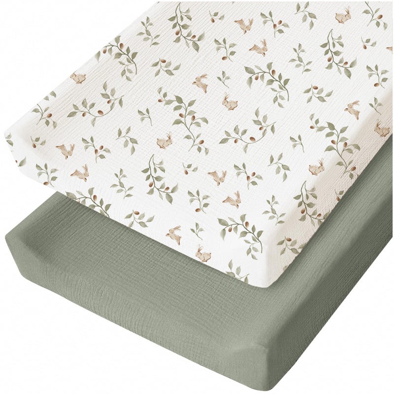 Konssy 2 Pack Muslin Changing Pad Cover for Baby Girls Boys 100% Cotton Fitted Diaper Changing Table Cover Set, Soft Changing Pad Sheets (Rabbit,Fog Green) - Image 1