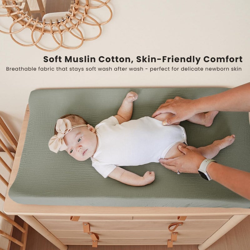 Konssy 2 Pack Muslin Changing Pad Cover for Baby Girls Boys 100% Cotton Fitted Diaper Changing Table Cover Set, Soft Changing Pad Sheets (Rabbit,Fog Green) - Image 2