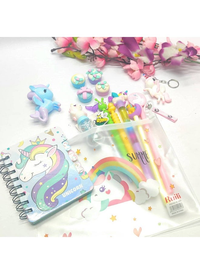 Tera13 - TERA 13 Birthday Gifts for Girls Unicorn Stationary Combo (Pack of 12 Items) Unicorn Folder, Diary with Pen, Gel Pens Pencil Eraser Sharpener, Document File Keychain Return Gifts for Kids - Image 1
