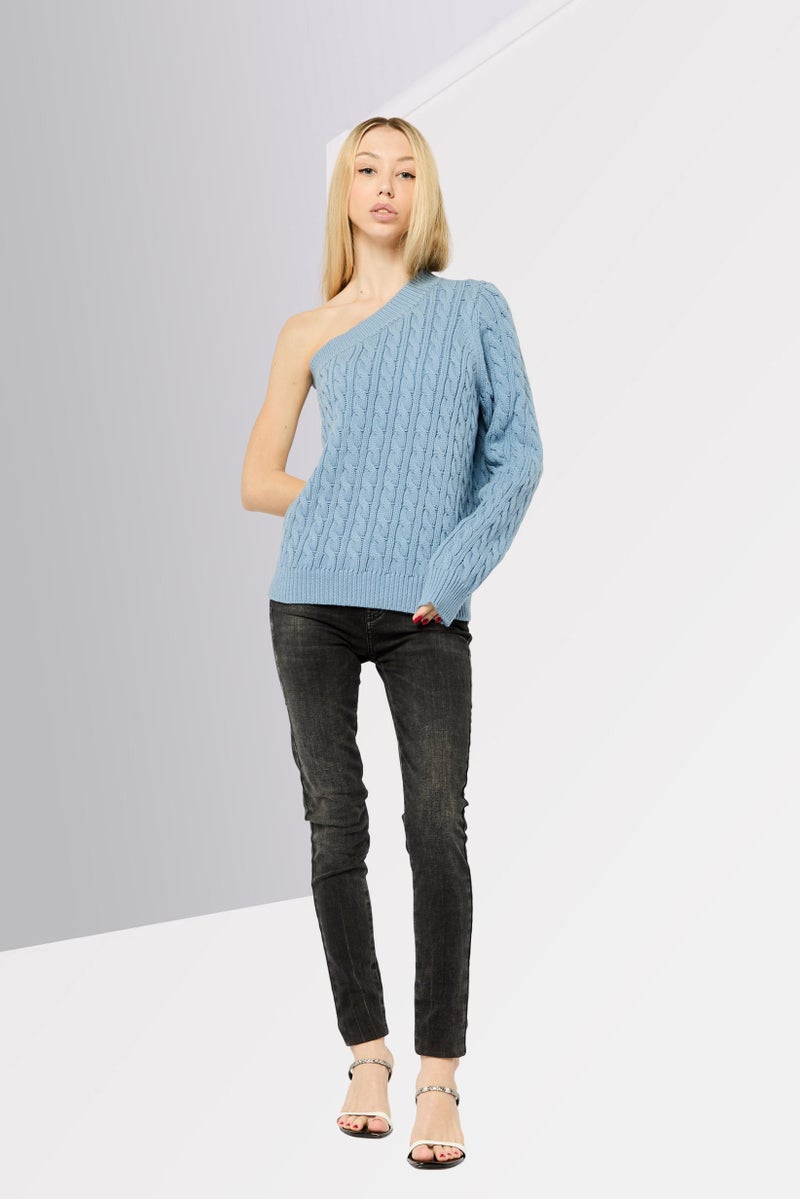 Michael Kors Women Asymmetrical Neck Crochet Sweater, Blue  - Image 4