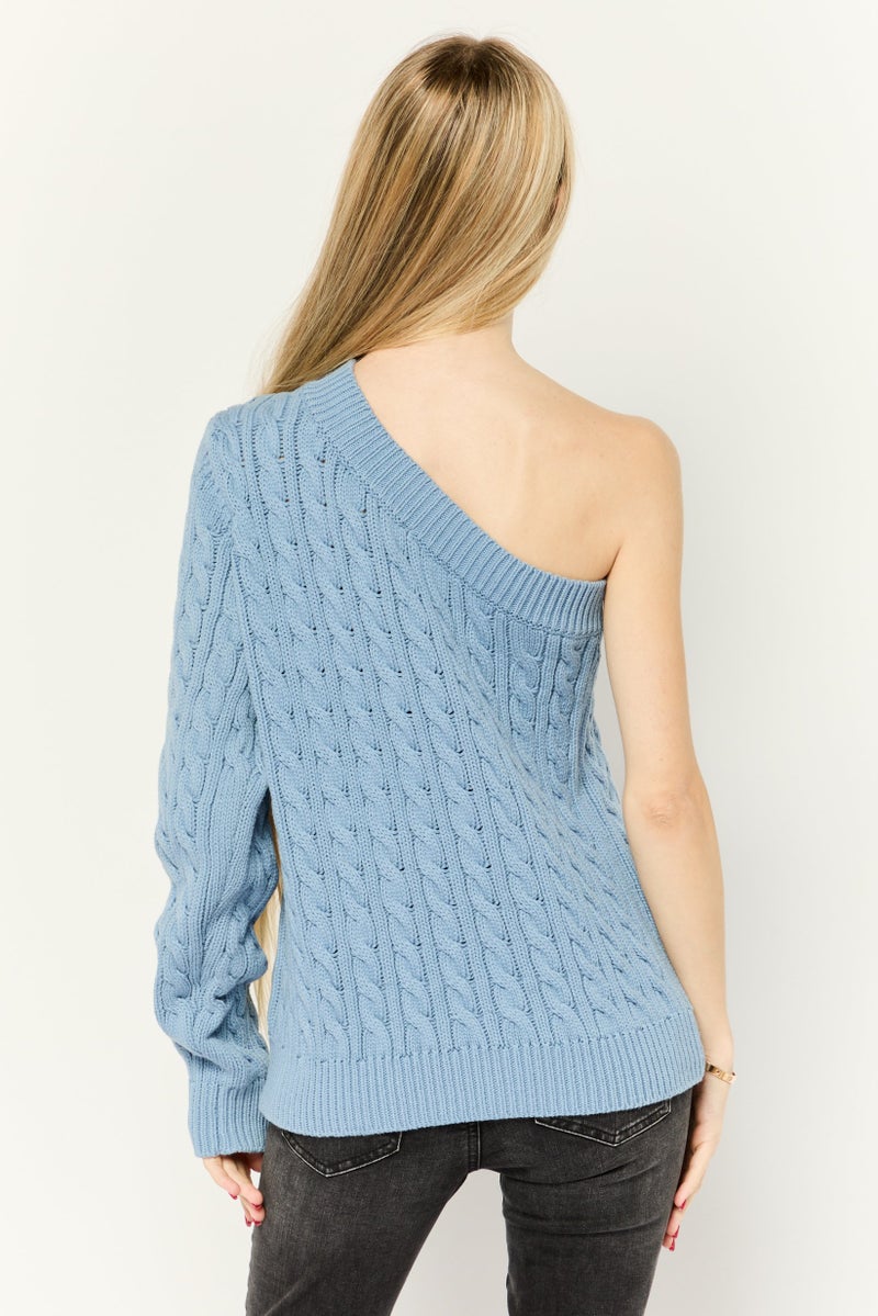 Michael Kors Women Asymmetrical Neck Crochet Sweater, Blue  - Image 2
