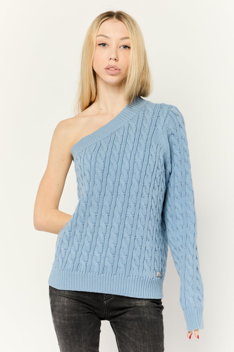 Michael Kors Women Asymmetrical Neck Crochet Sweater, Blue  - Image 1