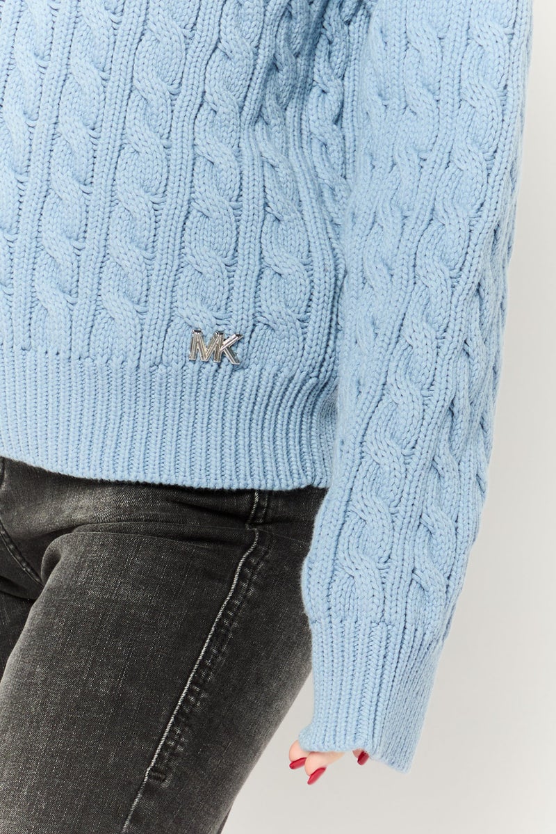 Michael Kors Women Asymmetrical Neck Crochet Sweater, Blue  - Image 3