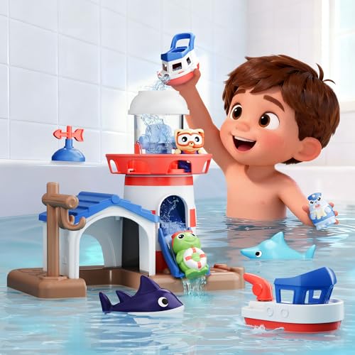 iPlay, iLearn iPlay iLearn Bath Toys for Toddlers 24 Kids Lighthouse Bathtub Shower Toy Set Wind up Swimming Boat Baby Bathtime Floating Fish Water Play Fun Birthday Gifts for 18 Month 3 5 6 Year Old Boy Girl - Image 5