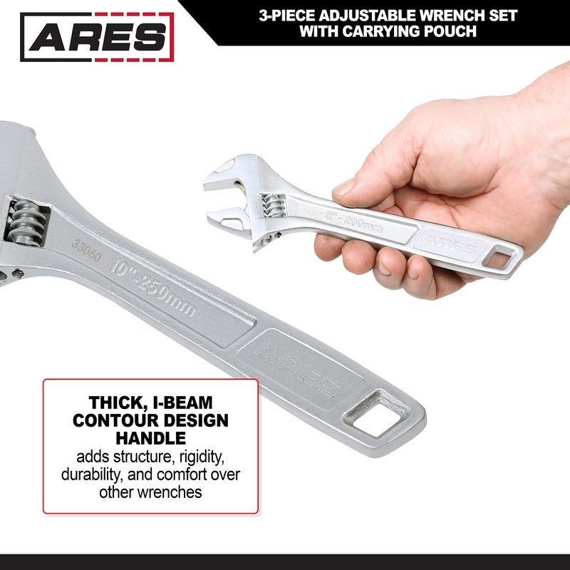 ARES ARES 33062 – 3-Piece Adjustable Wrench Set – 6-Inch, 8-Inch, and 10-Inch Wrenches with Carrying Pouch - Drop Forged Chrome Vanadium Steel Construction – Wide Jaw Designs – SAE and Metric Size Markings  - Image 4