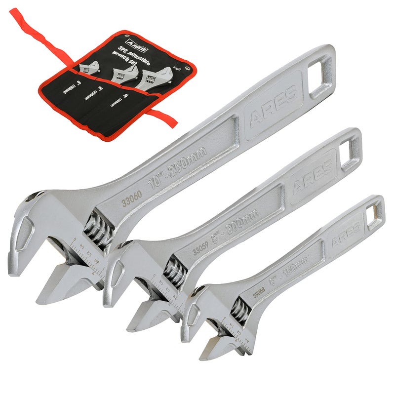 ARES ARES 33062 – 3-Piece Adjustable Wrench Set – 6-Inch, 8-Inch, and 10-Inch Wrenches with Carrying Pouch - Drop Forged Chrome Vanadium Steel Construction – Wide Jaw Designs – SAE and Metric Size Markings  - Image 5