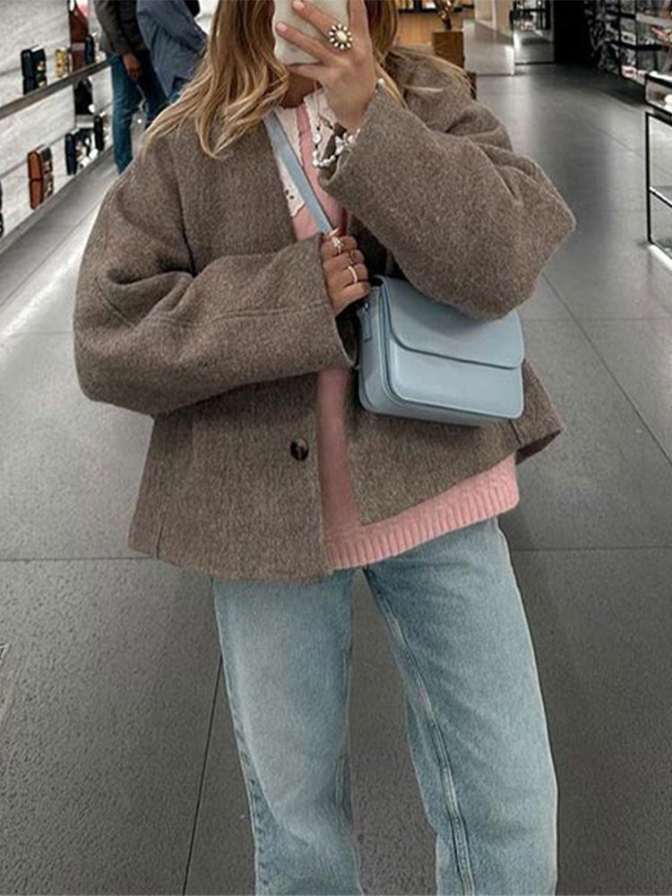 Vintage Brown Long Sleeve Buttoned Suit Jacket Womens Loose-Fit Pocket Jacket Fashionable Autumn/Winter Cross-Border Style Gray brown 