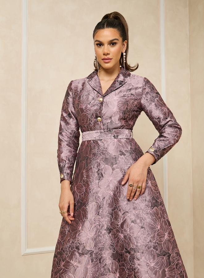 Styli Jacquard Collared Long Sleeves A-Line Maxi Dress - Image 3