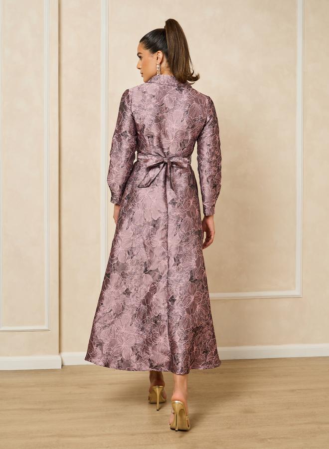 Styli Jacquard Collared Long Sleeves A-Line Maxi Dress - Image 5