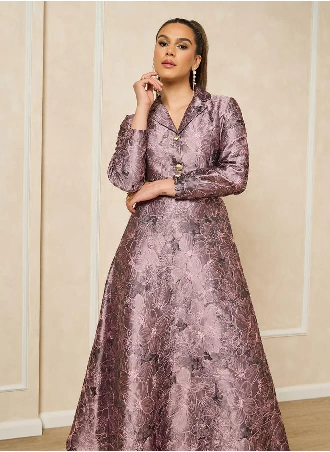 ستايلي Styli Jacquard Collared Long Sleeves A-Line Maxi Dress